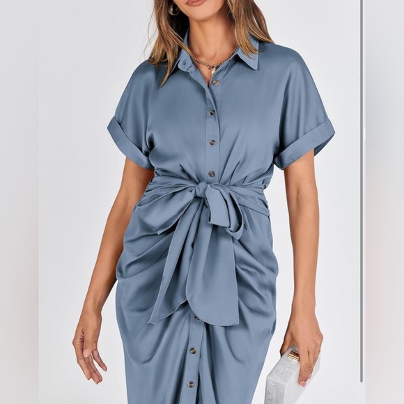 BTFBM 2024 Button Down Ruched Shirt Short Sleeve Lapel VNeck Elegant Satin Dress - Picture 9 of 9